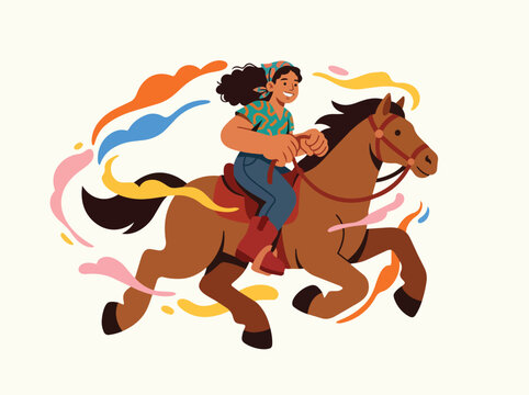 Girl riding brown horse with colorful motion lines