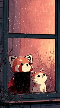 Cute red panda and kitten sit together looking out a window on a rainy day with warm light