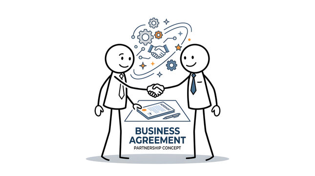 Two business people shaking hands over a contract document to finalize a professional partnership agreement in a modern corporate office environment