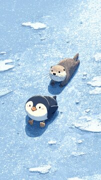 Cute otter and penguin walking together on a snowy or icy surface with small ice floes