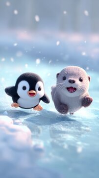 Cute penguin and otter friends playing together in a snowy winter wonderland with falling snowflakes