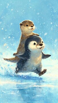 Cute otter riding on a happy penguin's back while splashing through icy water in winter
