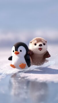 Cute penguin and otter friends playing together on a snowy landscape with a soft blue sky