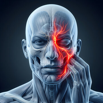 Medical 3D Illustration of Human Face Musculature and Nerve Inflammation