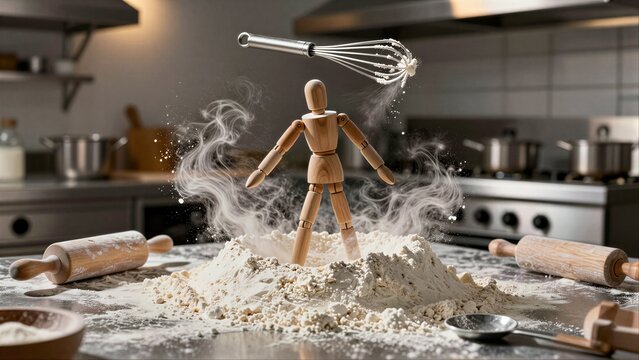 Wooden figure mixes flour in kitchen, whisk flying as dough dust swirls around.