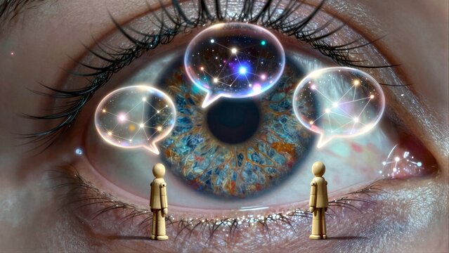 Eye reveals cosmic connections, tiny figures gaze in wonder at starry thought bubbles.