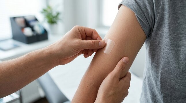 Healthcare professional applying a bandage to a patient's arm after vaccination, emphasizing medical care and recovery.