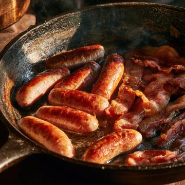Rustic cast iron pan with fried breakfast sausages and bacon, morning sunlight streaming in