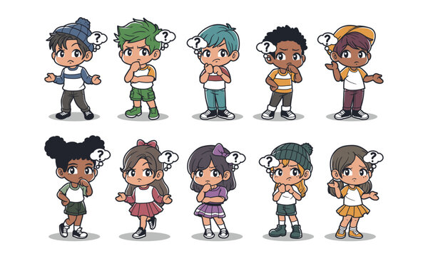 Kids confuse and asking question hand drawn vector collection