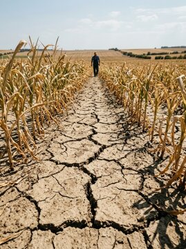 Farmer crossing severely cracked corn field during drought