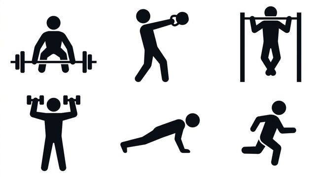 Set of fitness icons and gym workout exercises simple black vector symbols