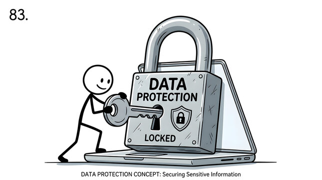 A stick figure character using a key to lock a large padlock on a laptop computer representing the concept of digital data protection and cybersecurity