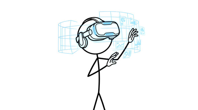 A stick figure character wearing a virtual reality headset and interacting with a digital interface in a minimalist white background environment