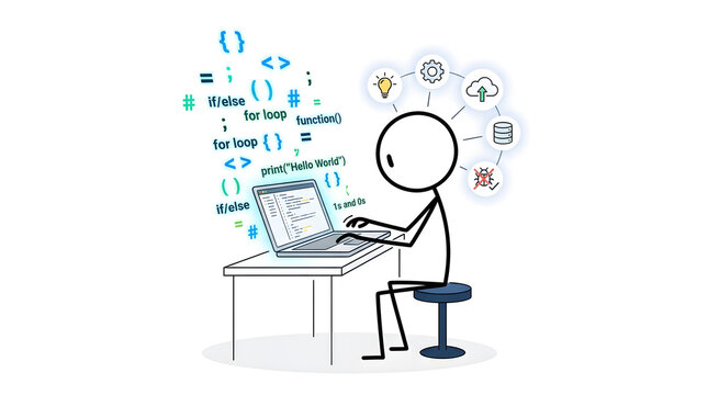 Software developer stick figure coding on laptop, programmer working with code symbols and tech icons, web development concept illustration