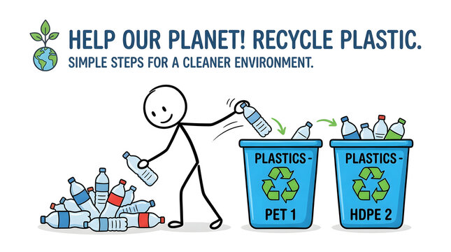 Recycling plastic waste illustration, stick figure sorting PET 1 and HDPE 2 bottles into blue bins, environmental conservation concept for a cleaner planet