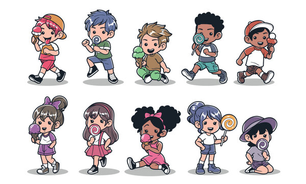 Kids eating candy and ice cream hand drawn vector collection