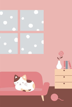 winter vector background with a Japanese cat curled up on the pink sofa in the room and falling snow outside the window