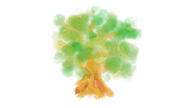 水彩風手書きの緑の木　
