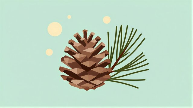 Brown pinecone with green needles and soft yellow circles on mint background.