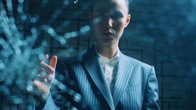 Businessman Touching Cracked Glass with Web Pattern in Studio Lighting