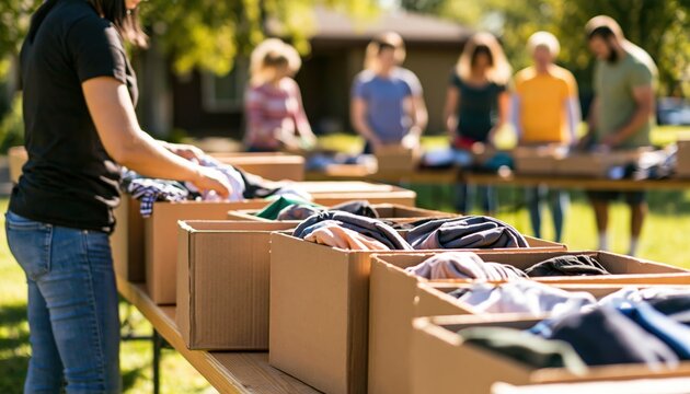 Volunteers sorting clothing donations for a charity community event outdoors providing humanitarian aid and support