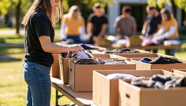 Volunteers sorting clothing donations in boxes at a community charity event for humanitarian service and giving