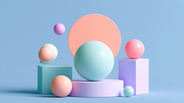 Abstract composition of pastel spheres and geometric blocks arranged on a soft blue background surface with Floating spheres shades pink
