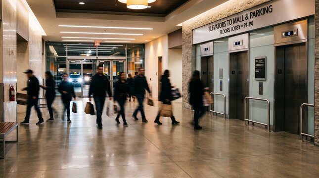 People walking in a modern mall lobby with elevators and shopping bags