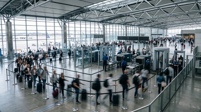 Busy airport security checkpoint with travelers and luggage in motion blur