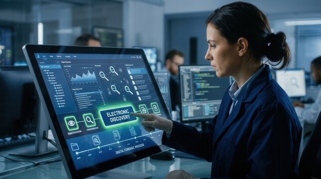 Digital Forensics Expert Analyzing Electronic Discovery On Futuristic Display