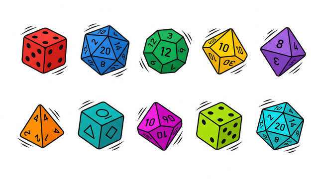 Colorful hand drawn polyhedral dice collection for tabletop roleplaying game adventures
