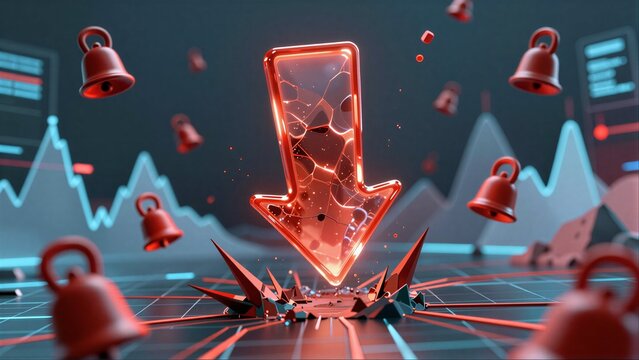 Red glowing arrow crashes down, surrounded by warning bells and stock charts.