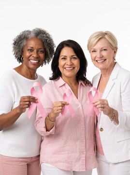Three diverse women smiling and holding pink ribbons for breast cancer awareness Outubro Rosa isolated on white background