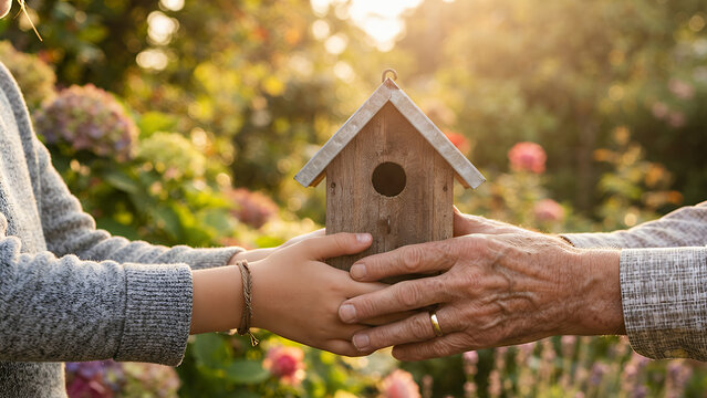 Young child and senior adult hands holding a wooden birdhouse together in a sunny garden