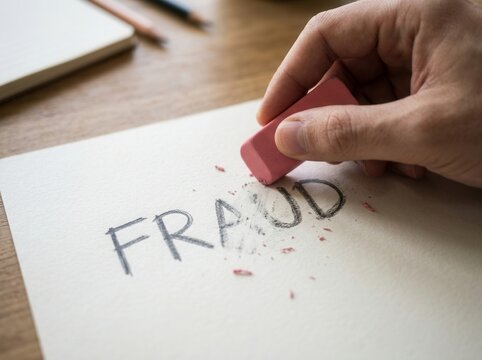 Erasing the Word Fraud With a Pink Eraser on White Paper