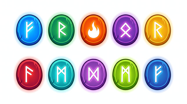 Set of mystical glowing rune stones with ancient symbols and fire icon for fantasy game design