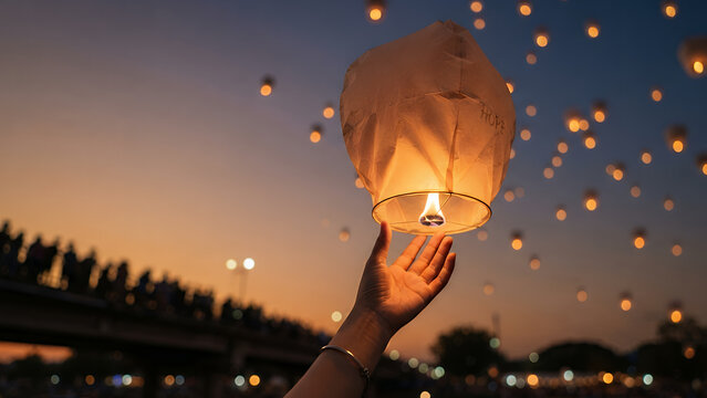 Person releasing a glowing paper lantern into the night sky during a festival with many floating lights