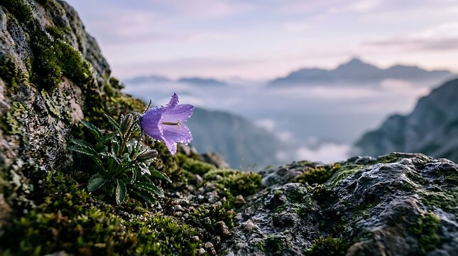 A single purple campanula flower with dew drops grows on a mossy rock overlooking misty mountains