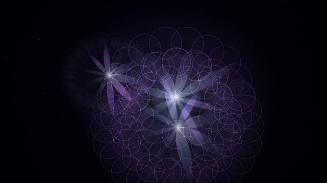 Elegant flower of life sacred geometry pattern overlay with purple crystalline light effects on a dark cosmic background.
