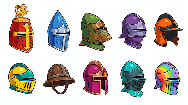 Colorful cartoon medieval knight helmets collection for fantasy roleplay game icons