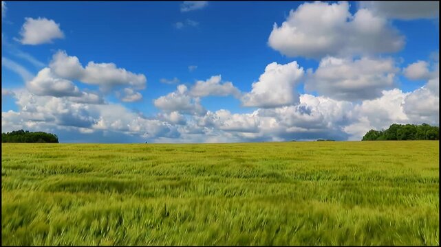 Expansive Green Wheat Field Under Blue Sky with Fluffy White Clouds, Rural Summer Landscape