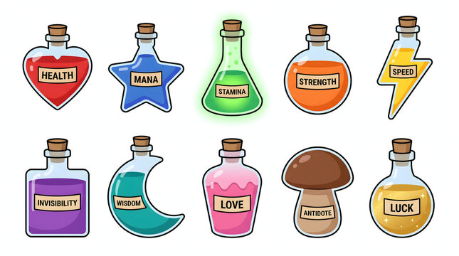 Colorful magic potion bottles set with labels for RPG fantasy game interface and UI design