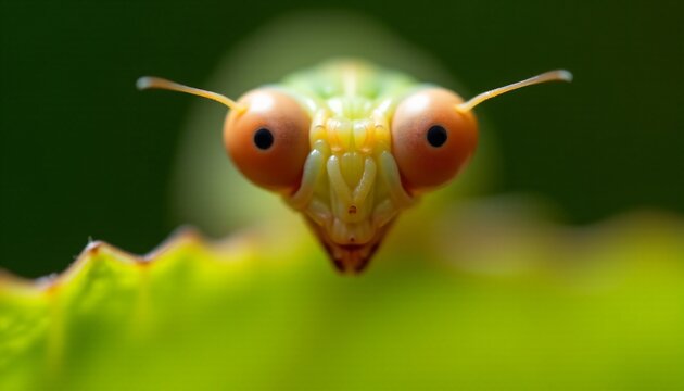 Extreme macro closeup of a praying mantis head with large orange compound eyes
