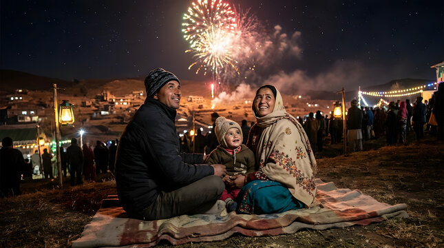 Family sitting on blanket watching fireworks at night.