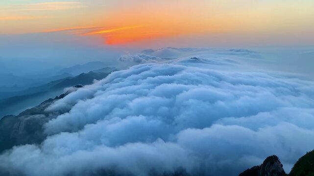 Sunrise over Sea of Clouds in Mountain Range &ndash; Serene Dawn with Orange Horizon and Rolling Mist