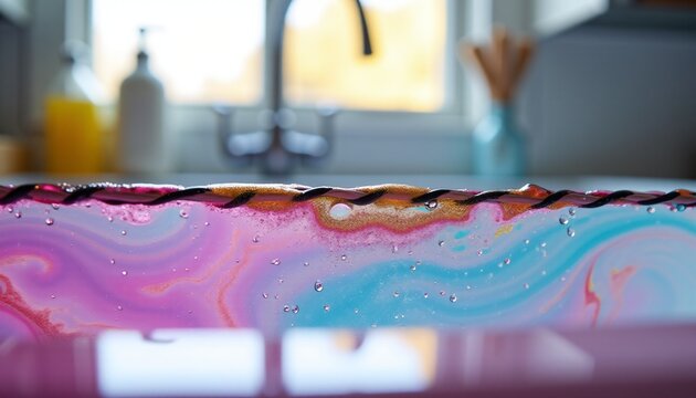 Scientific macro view of colorful fluid dynamics and surface tension