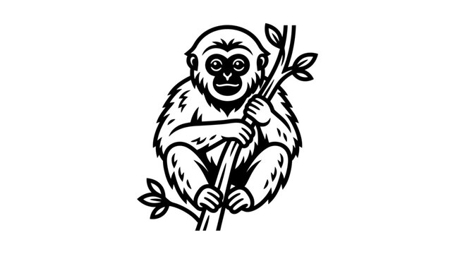 Gibbon monkey hanging on tree branch engraving.