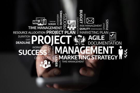 This image illustrates essential concepts of project management, including agile methodology, strategy, documentation, and successful outcomes for effective business operation. Tessel