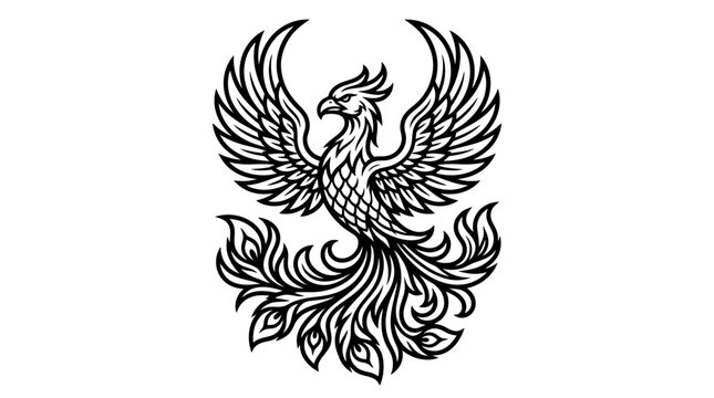 Mythical phoenix rising with flame-like feathers.