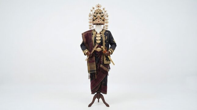 Traditional Indonesian ceremonial costume from Lampung featuring golden Siger crown and intricate songket embroidery on a mannequin